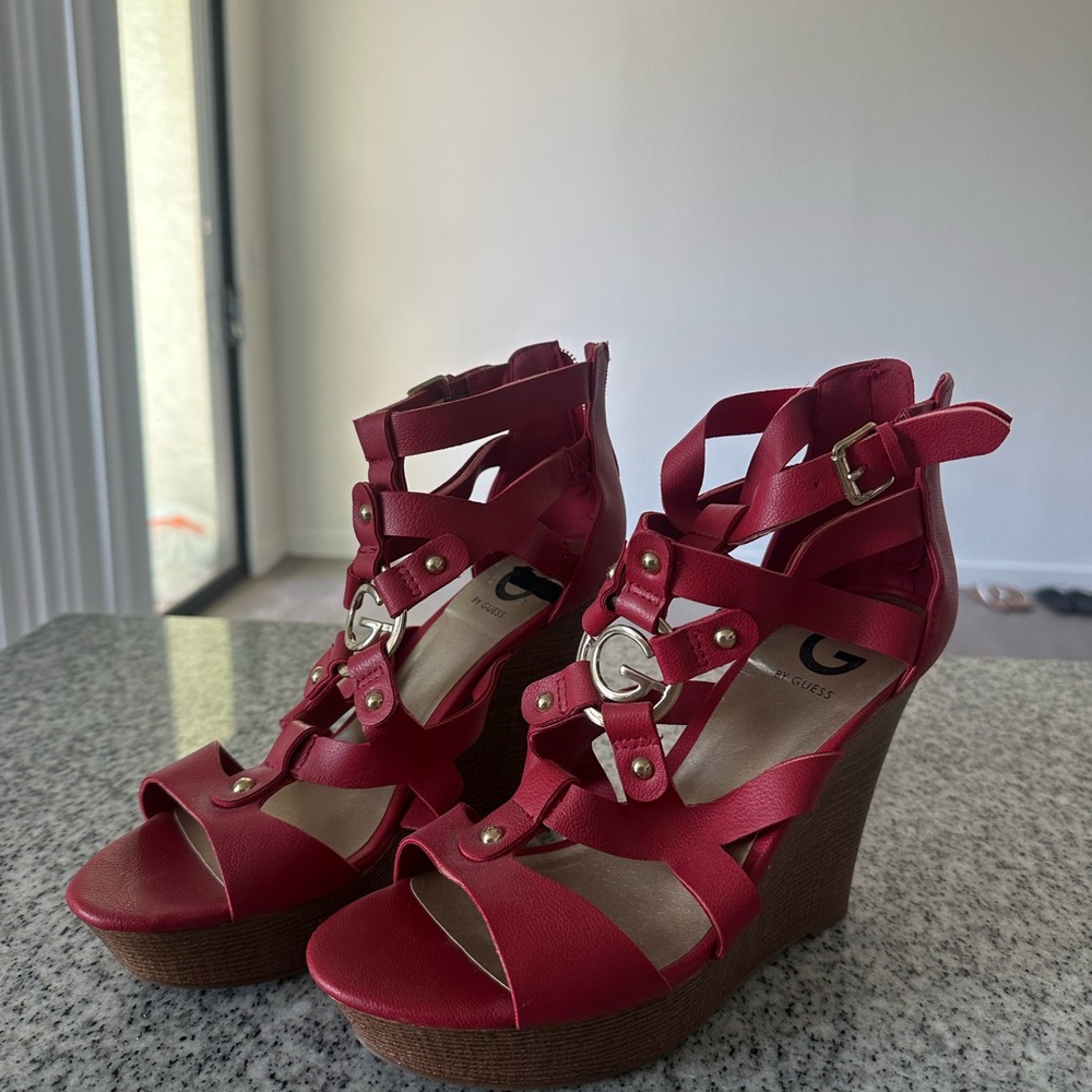 G by Guess Red Wedge Sandals with Suede Straps